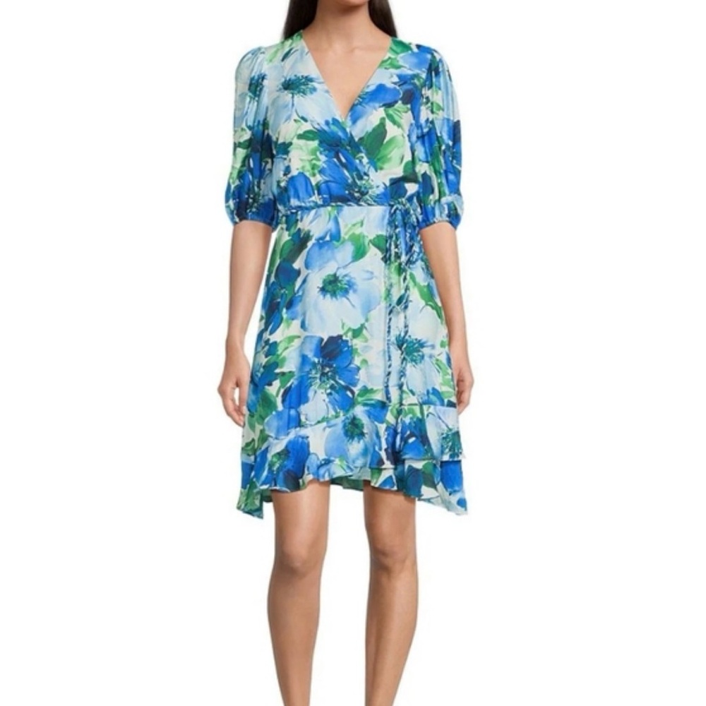 NWT Alex Marie Blue Green Floral Wrap Dress Ruffle Hem V-Neck | Multiple Sizes